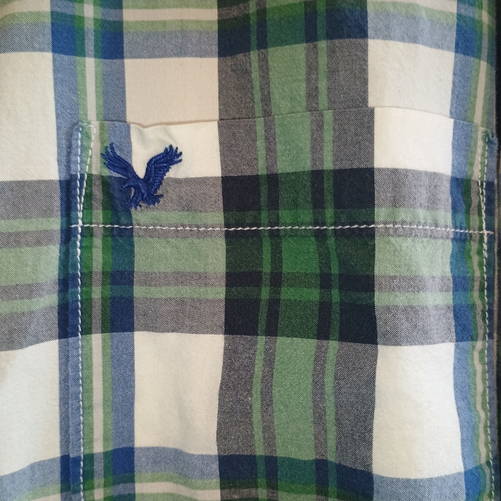 American Eagle Outfitters LT Plaid Shirt Green Blue‎ White Button Front Athletic - Picture 5 of 12